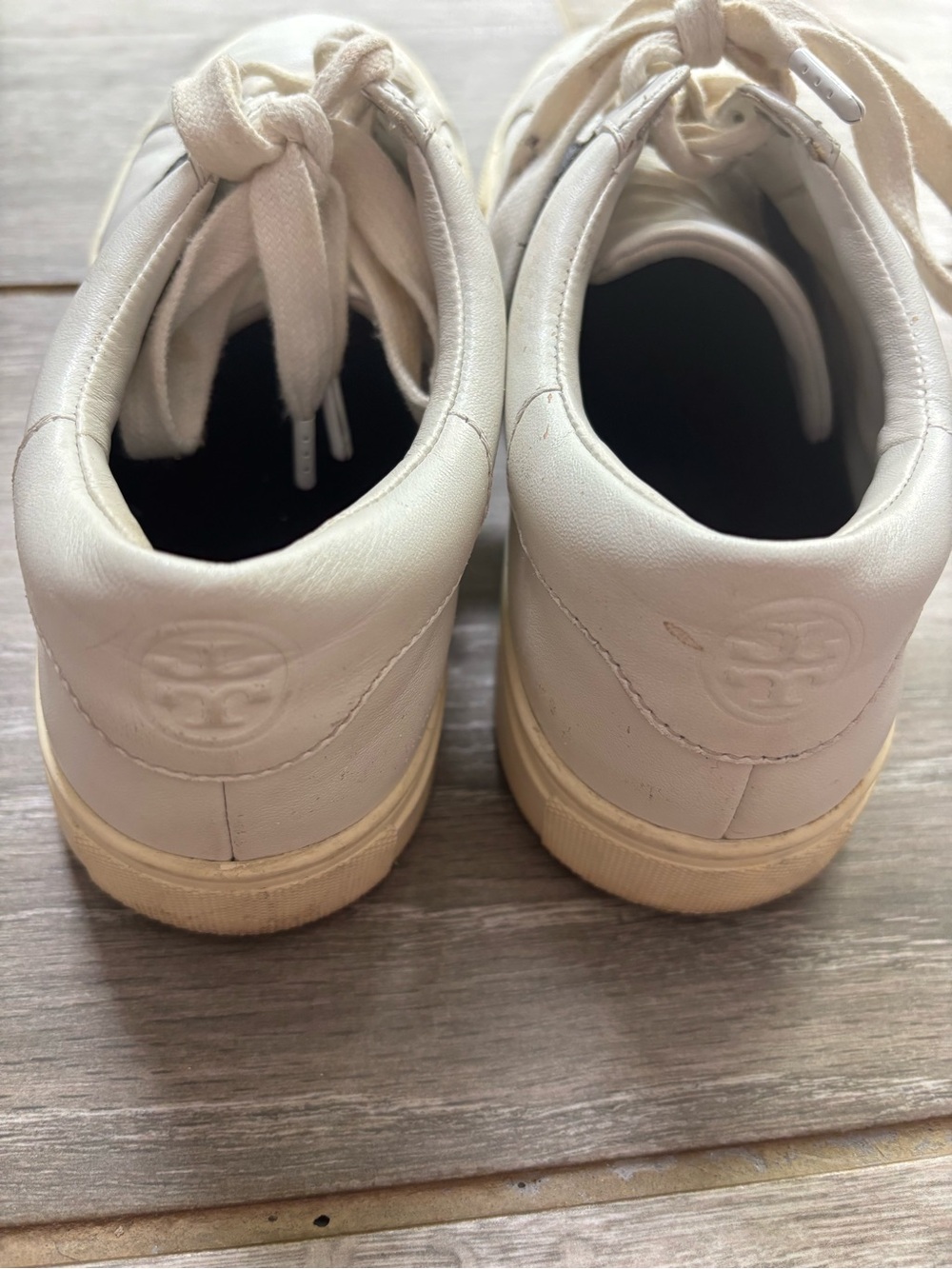 Tory Burch Classic white leather lace up sneakers with navy glitter side panels. - Picture 4 of 7
